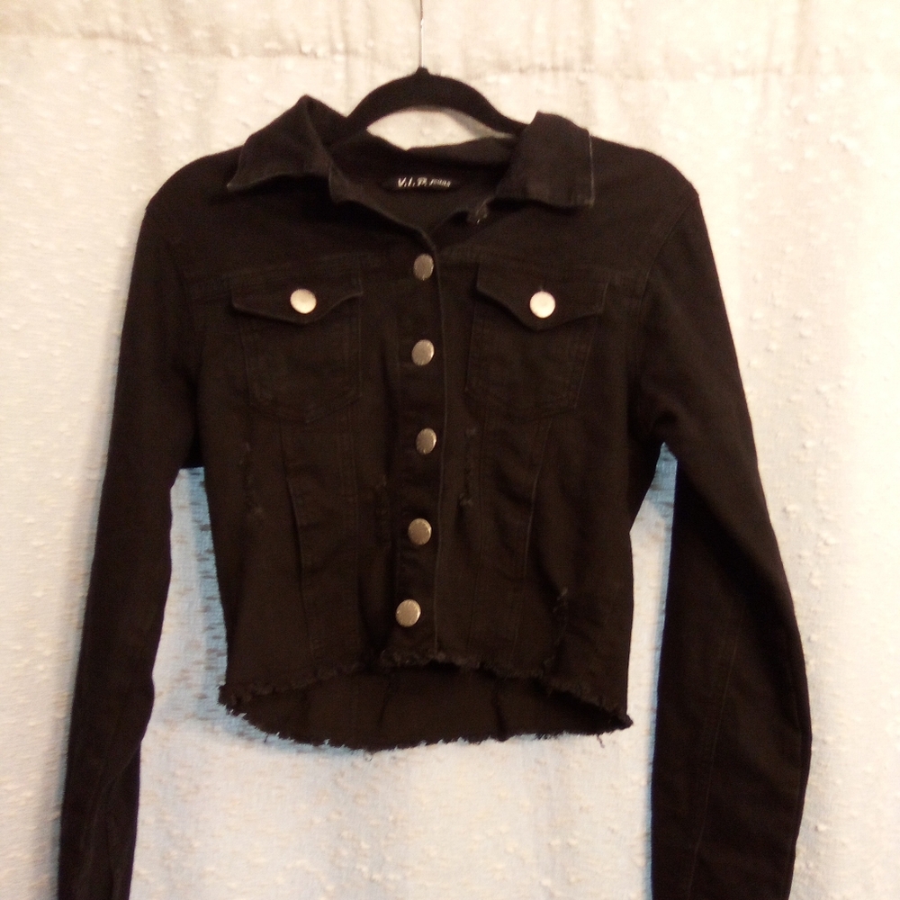 VIP Jeans Black Cropped Distressed Jean Jacket Size Medium